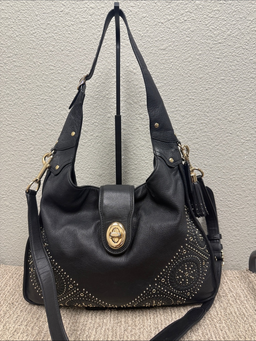 Coach Black Leather Ryder Studded Hobo Bag with Gold Hardware